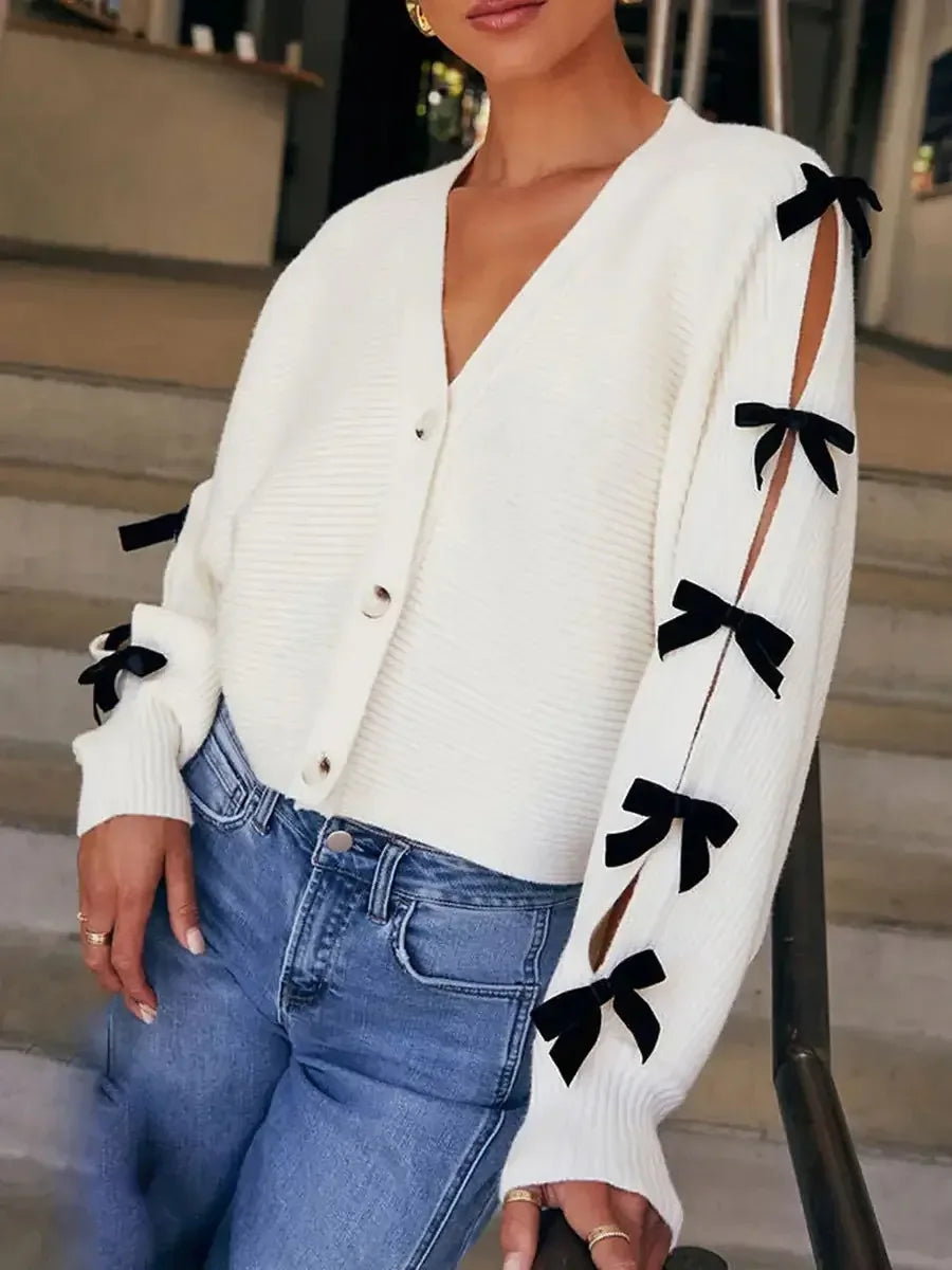 Elegant Knit Cardigan with V-Neckline and Chic Bow Detail Stylish Button-Down Sweater Coat WHITE / S / United States