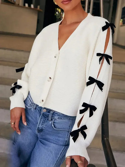 Elegant Knit Cardigan with V-Neckline and Chic Bow Detail Stylish Button-Down Sweater Coat WHITE / S / United States