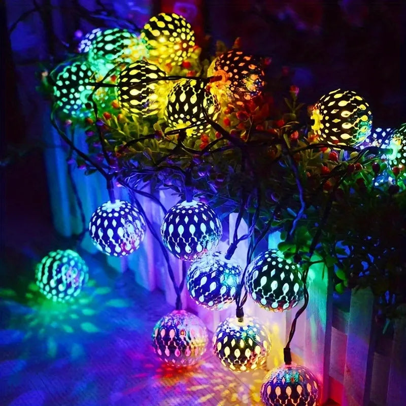 Solar Moroccan String Lights Metal Spherical Outdoor Fairy Lights