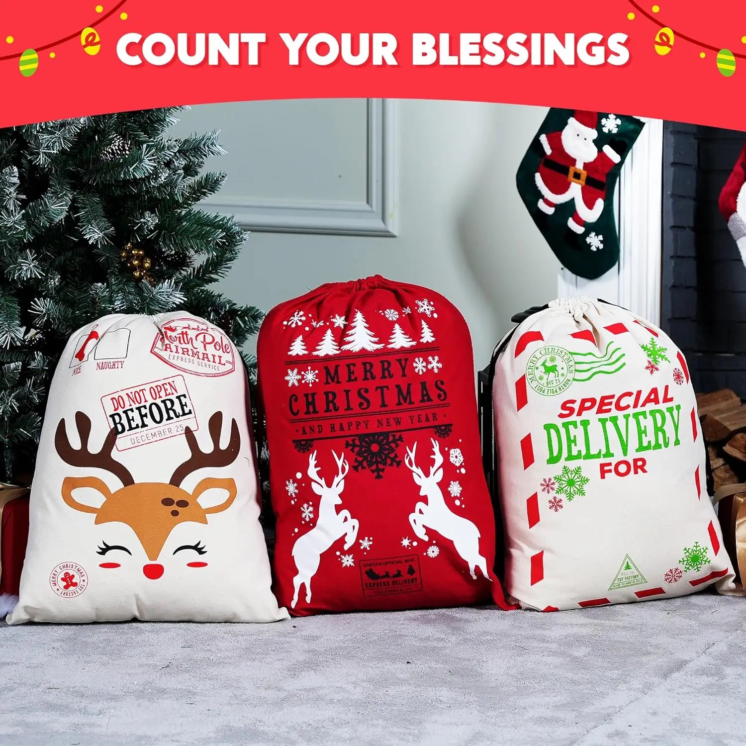 Pack Large Santa Sack Canvas Christmas Gift Bags with Drawstring