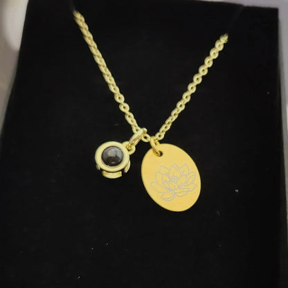 Custom Oval Photo Projection Necklace Birth Flower Name Pendant Gold color / March / United States|Leave name to seller