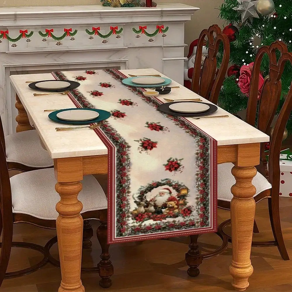 Christmas Table Runner with Santa & Poinsettia Design 13x35.1inch / Christmas / United States