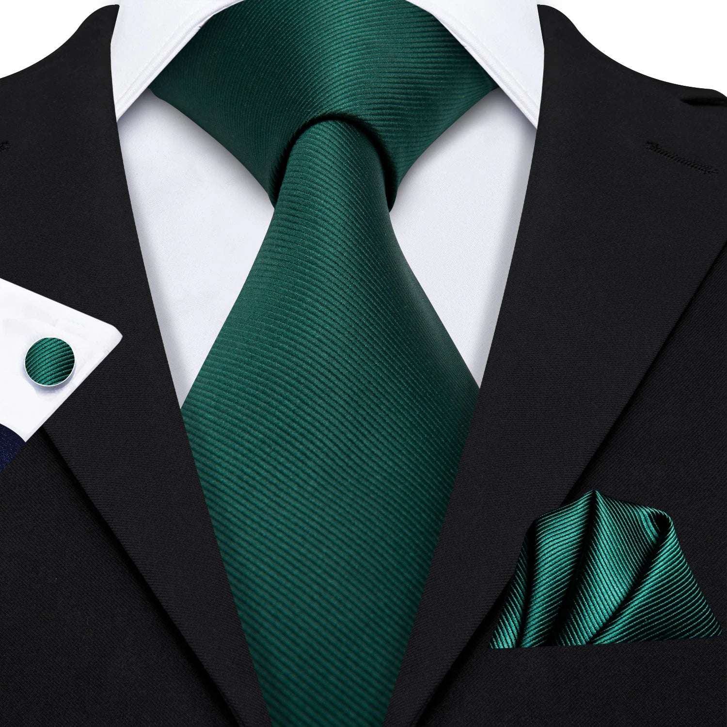 Green Solid Jacquard Men’s Tie Set – Necktie, Handkerchief & Cufflinks