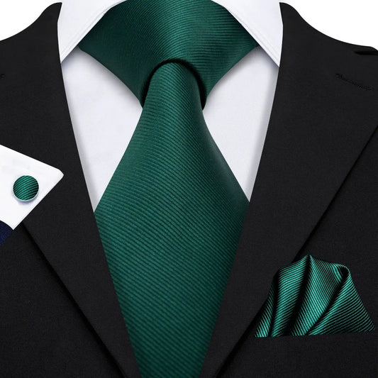 Green Solid Jacquard Men’s Tie Set – Necktie, Handkerchief & Cufflinks