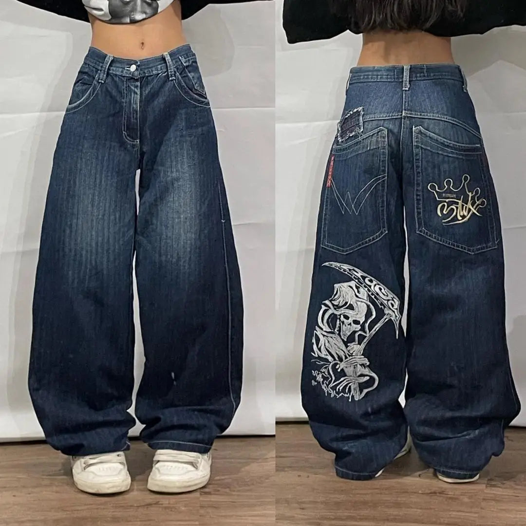 Hip Hop Street Big Pocket Classic Death Print Baggy Jeans