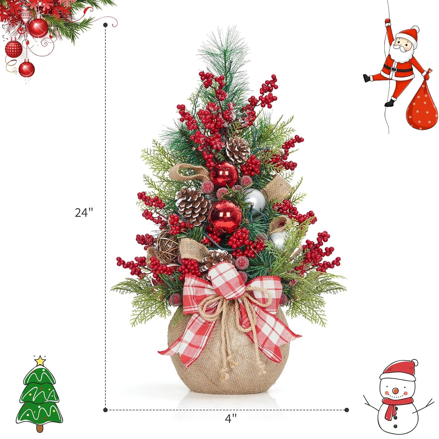 24-Inch Pre-Lit Mini Christmas Tree with red berries, pine cones, and burlap base for festive tabletop decoration.