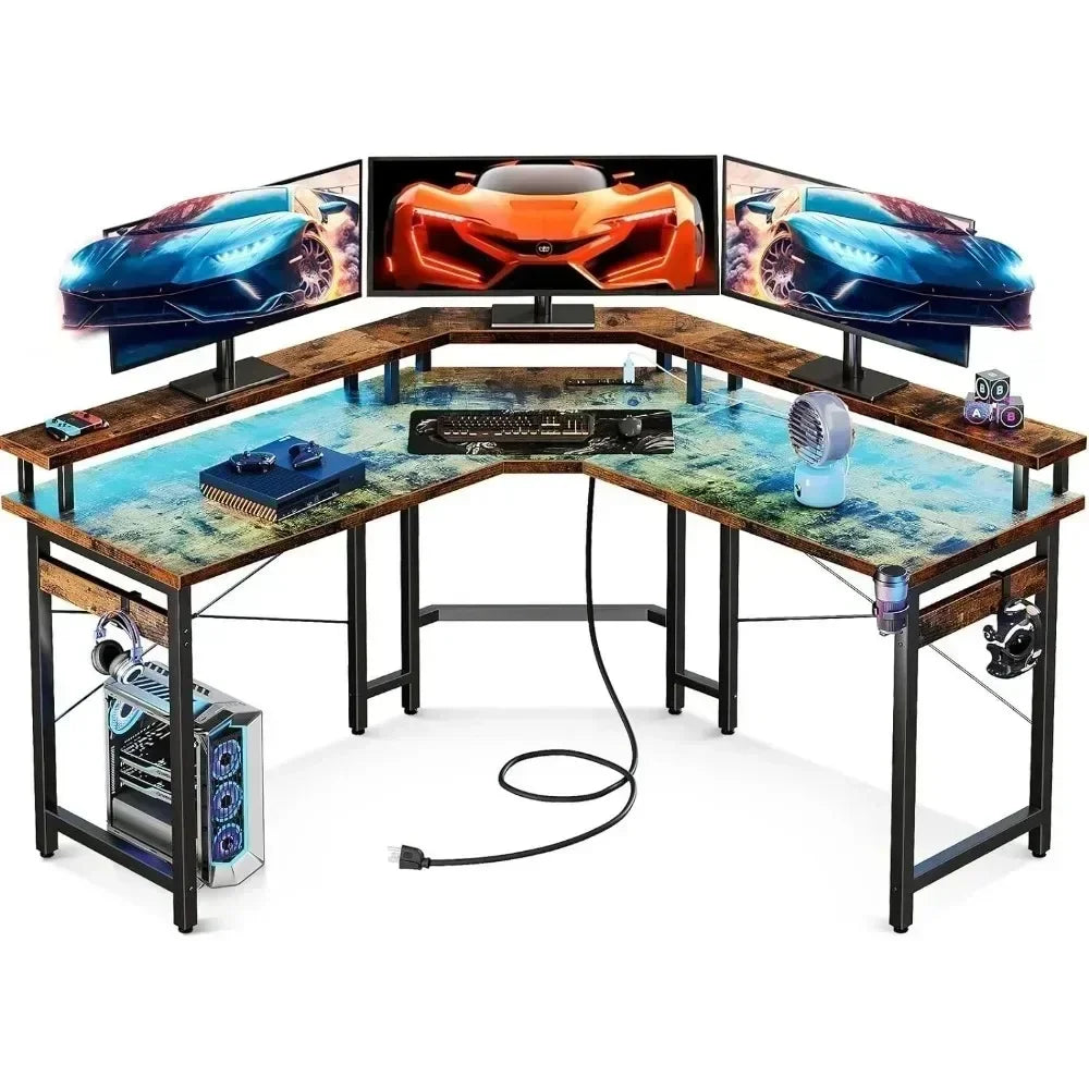 L Shaped Gaming Desk with LED Lights