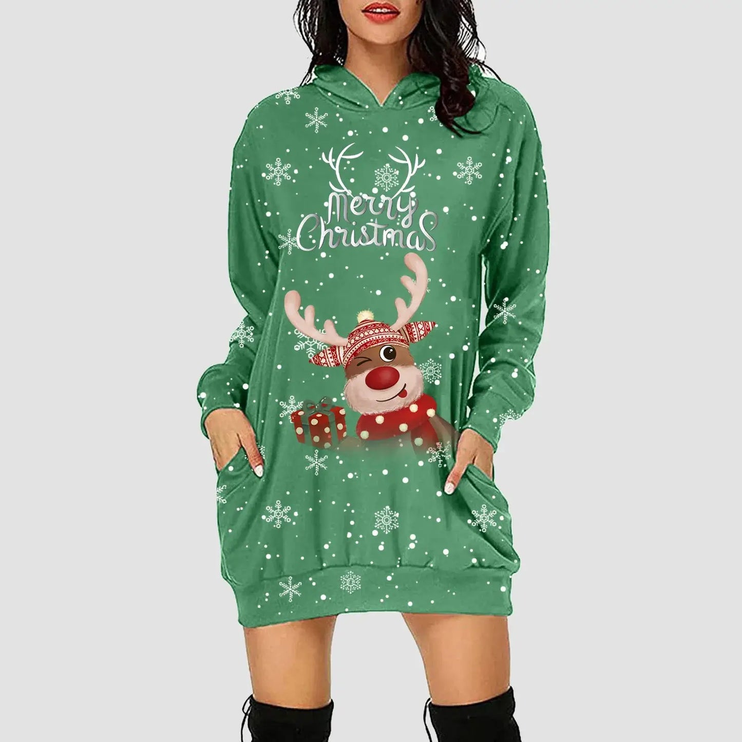 Women & Girls Christmas Sweatshirt Dress – Snowflakes & Reindeer Print, Long Sleeve Green / L / United States