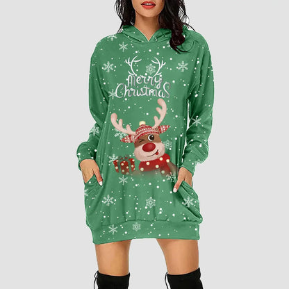 Women & Girls Christmas Sweatshirt Dress – Snowflakes & Reindeer Print, Long Sleeve Green / L / United States