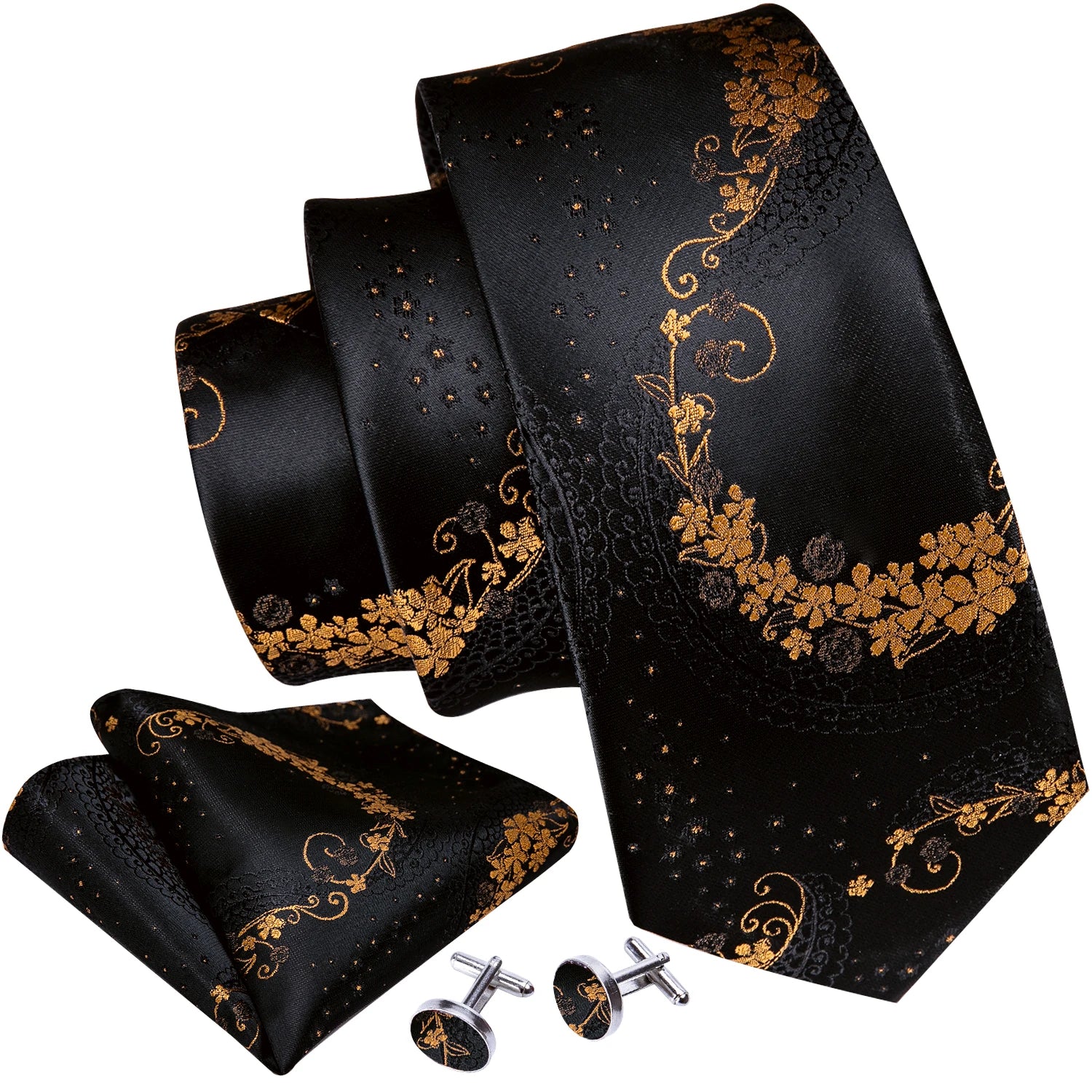 Black & Gold Floral Jacquard Men’s Tie Set – Necktie, Pocket Square & Cufflinks