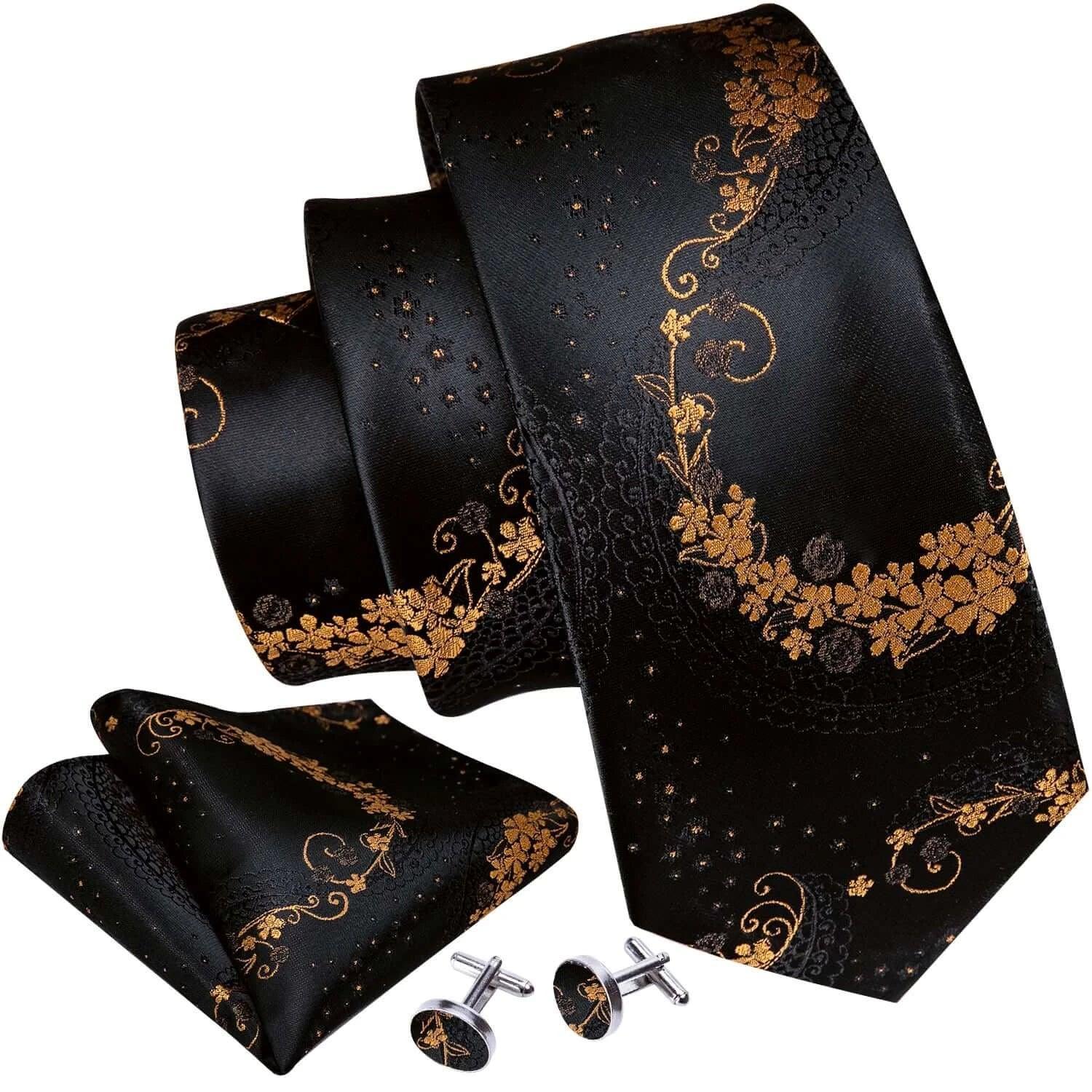 Black & Gold Floral Jacquard Men’s Tie Set – Necktie, Pocket Square & Cufflinks United States