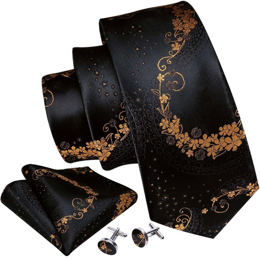 Black & Gold Floral Jacquard Men’s Tie Set – Necktie, Pocket Square & Cufflinks United States