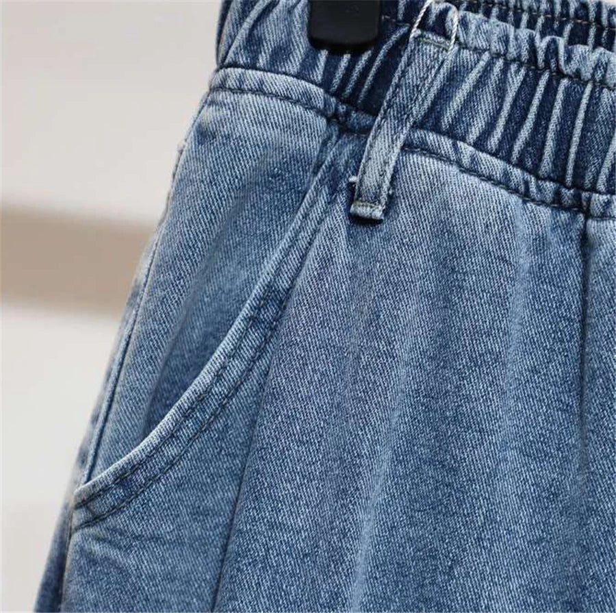 High Waist Elastic Waist Ankle-length Harem Denim Pants