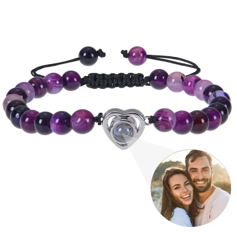 Shopminx Custom Projection Photo Bracelet 6mm Natural Stone Circle Pendant Heart 1 / Black Beads / United States