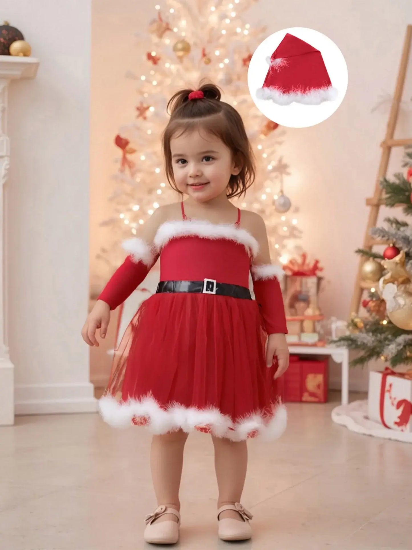 Baby Girl Christmas Outfit Set – Reindeer Romper with Santa Hat & Socks Red / 2-3 Years / United States