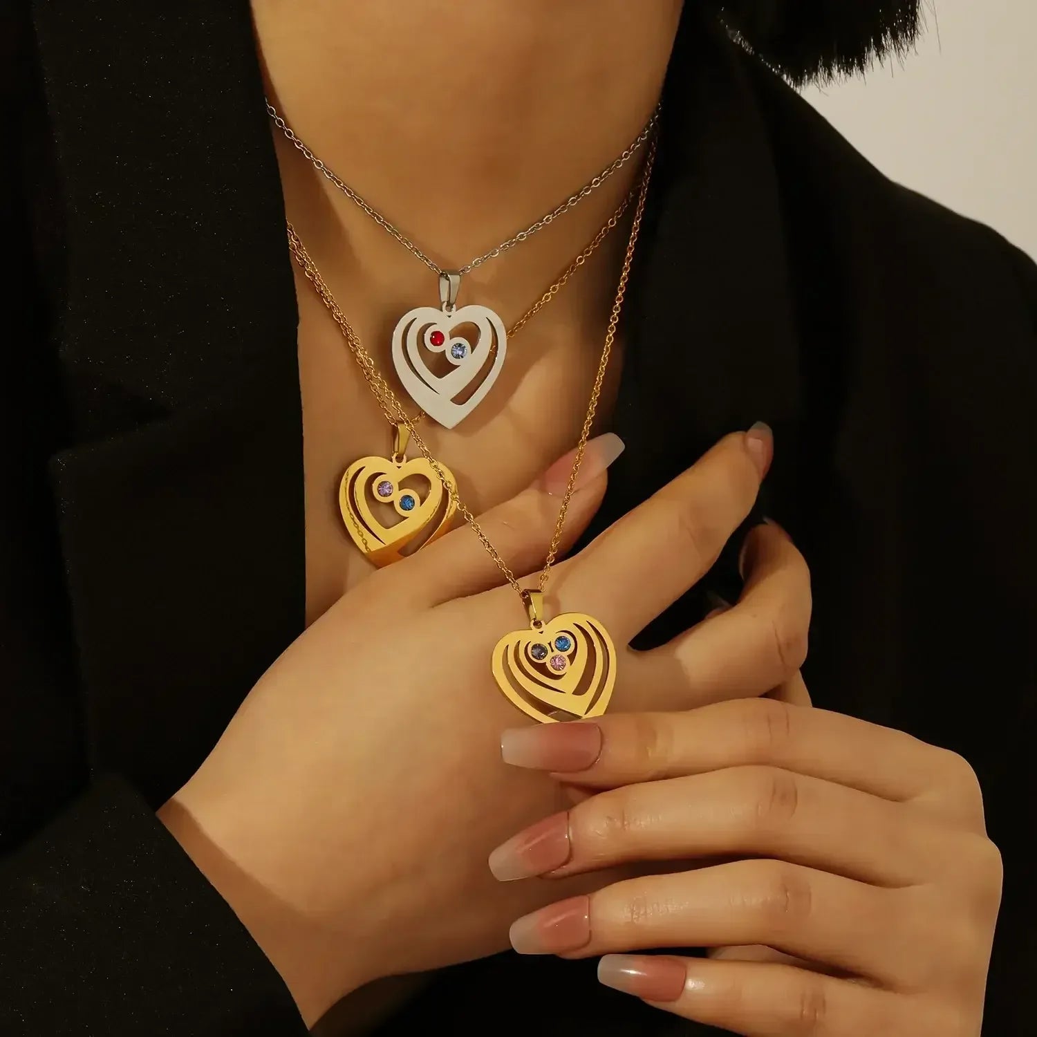 Personalized Birthstone Heart Necklace Gold / 2 Nemas / United States|50cm