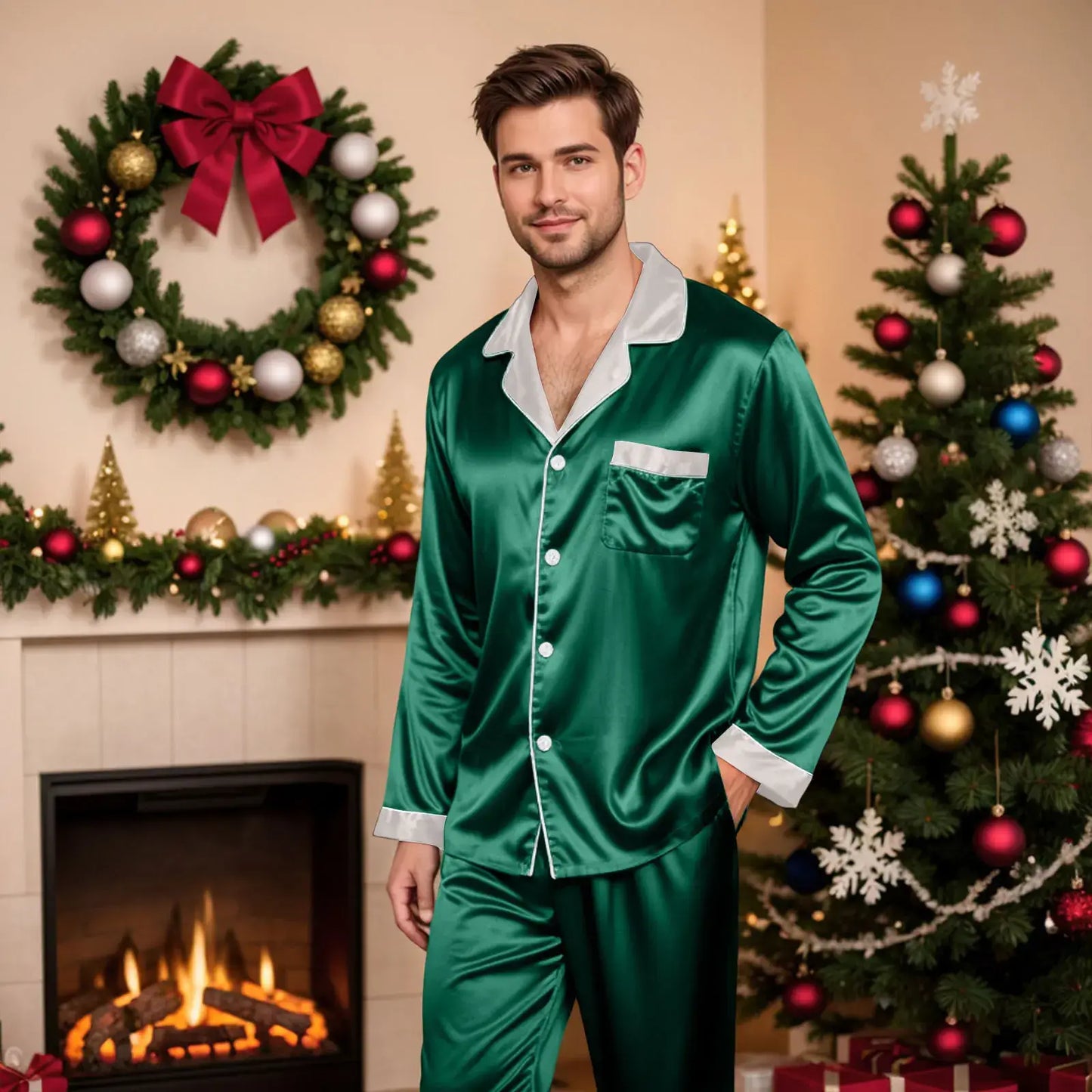 Silk Satin Christmas Family Pajamas Matching Sets Father-Green / 1XL / United States