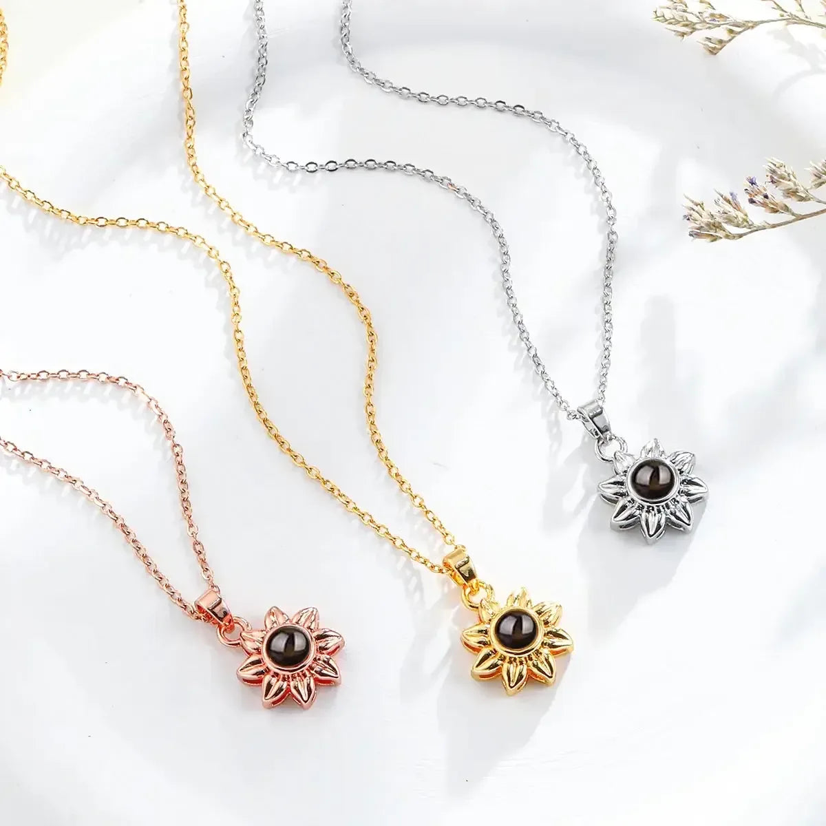 Personalized Projection Photo Necklace Custom Picture Sunflower Pendant Rose Gold / 40cm / United States