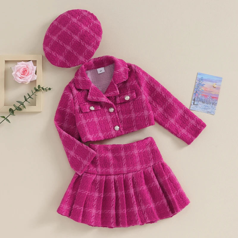 Blazer Coat , pleated Skirt and Beret Sets for Children