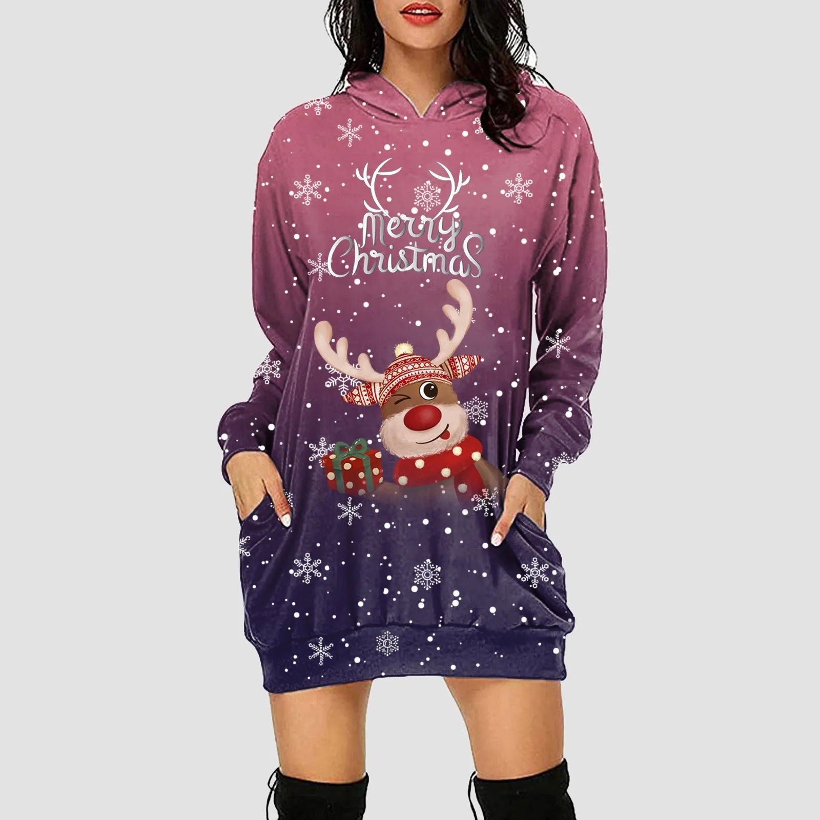 Women & Girls Christmas Sweatshirt Dress – Snowflakes & Reindeer Print, Long Sleeve