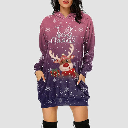 Women & Girls Christmas Sweatshirt Dress – Snowflakes & Reindeer Print, Long Sleeve Purple / XL / United States