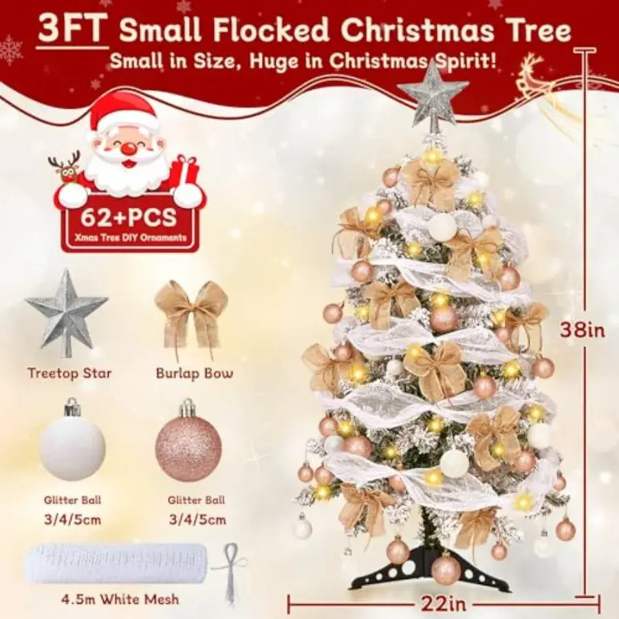 3FT Flocked Mini Christmas Tree with LED Lights & DIY Ornaments