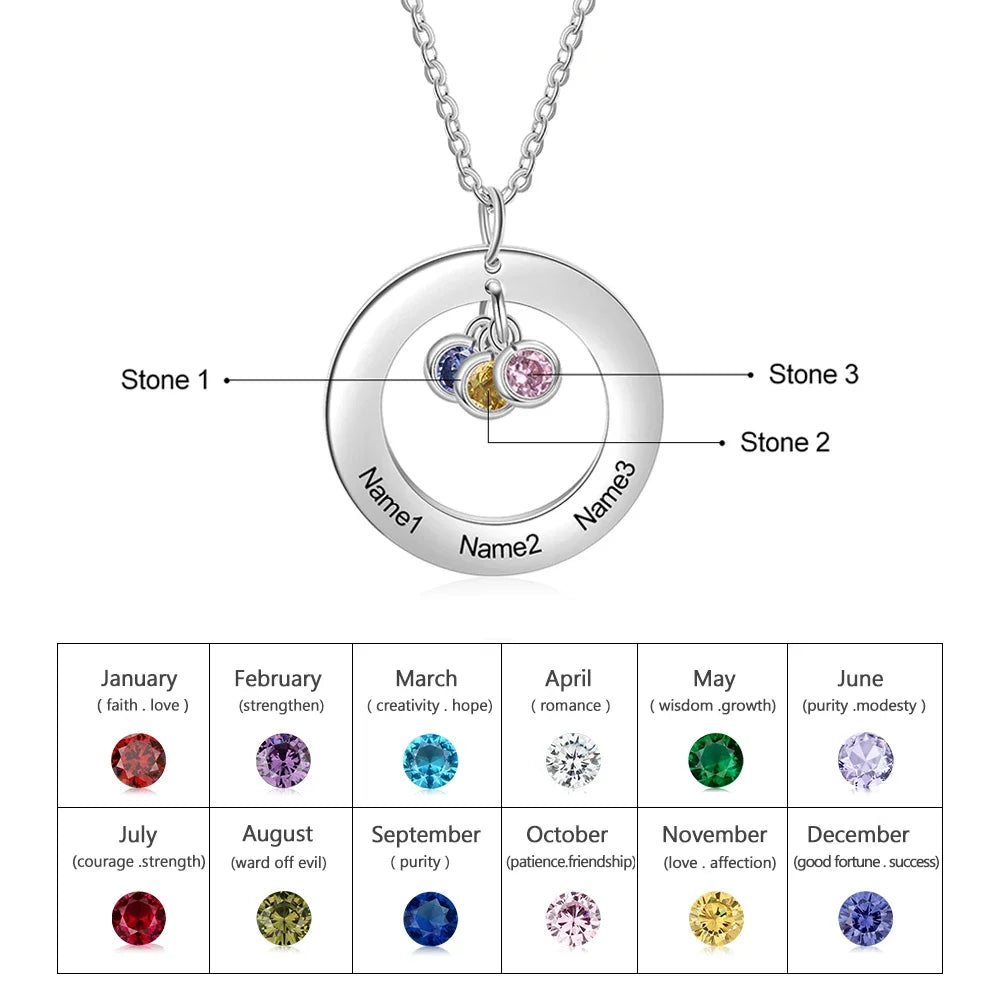 Personalized Stainless Steel Circle Necklace with 1-3 Birthstones Custom Name Engraved Round Pendant Necklace for Women /Mother