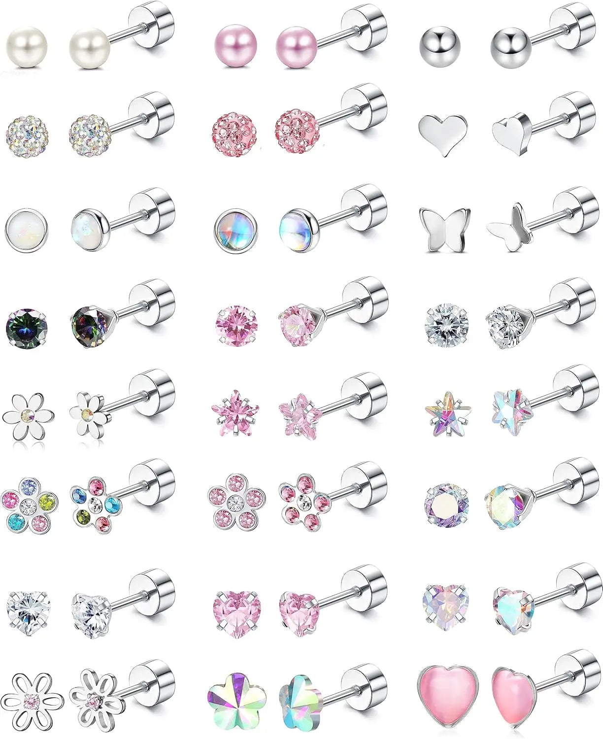 24-Pair Stainless Steel Screw Back Stud Earrings Set for Women & Girls