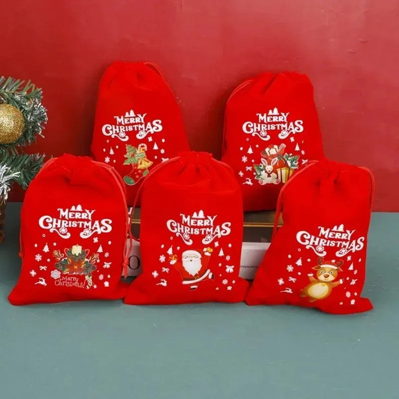 Red Christmas Velvet Bags Santa Candy Snack Drawstring Pouch