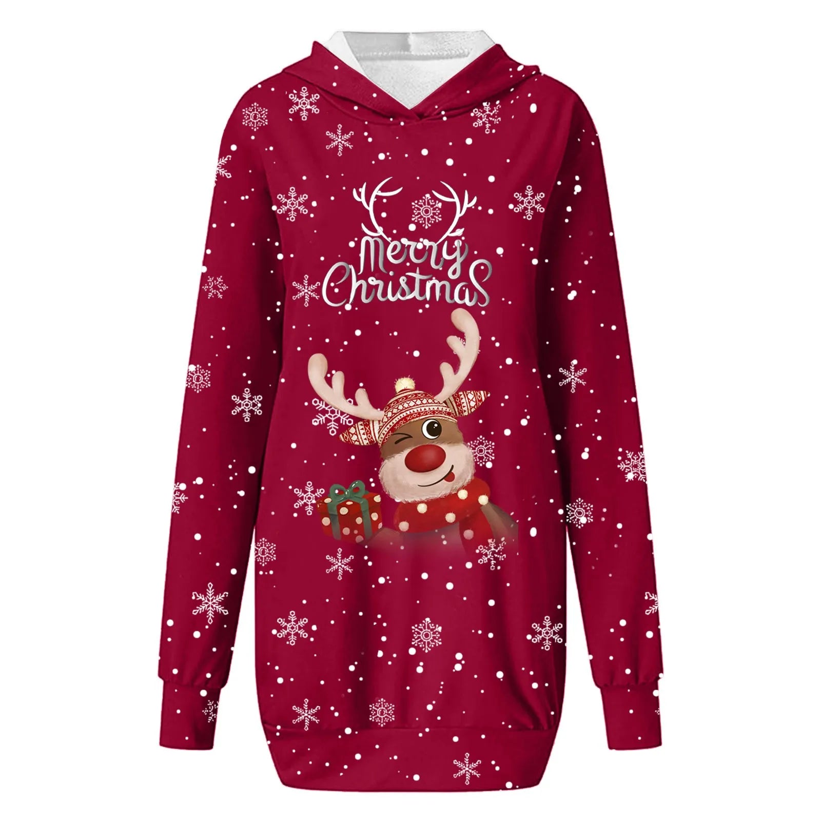 Women & Girls Christmas Sweatshirt Dress – Snowflakes & Reindeer Print, Long Sleeve