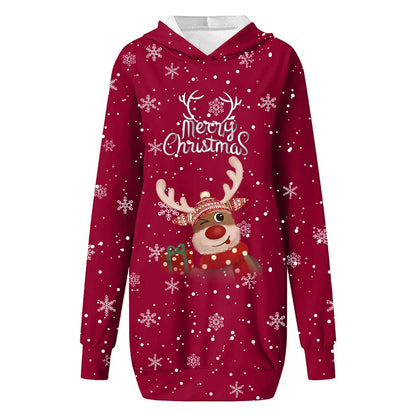 Women & Girls Christmas Sweatshirt Dress – Snowflakes & Reindeer Print, Long Sleeve Wine / M / United States