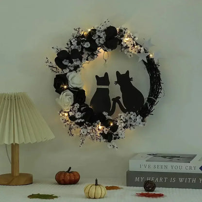 Black Cat Halloween Wreath – Crescent Spooky Front Door Décor White / United States