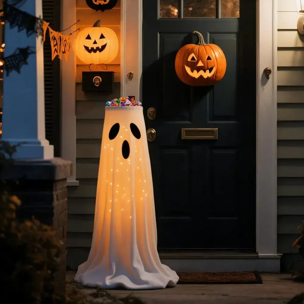 Halloween Lighted White Cloth Ghost Candy Bowl Decoration