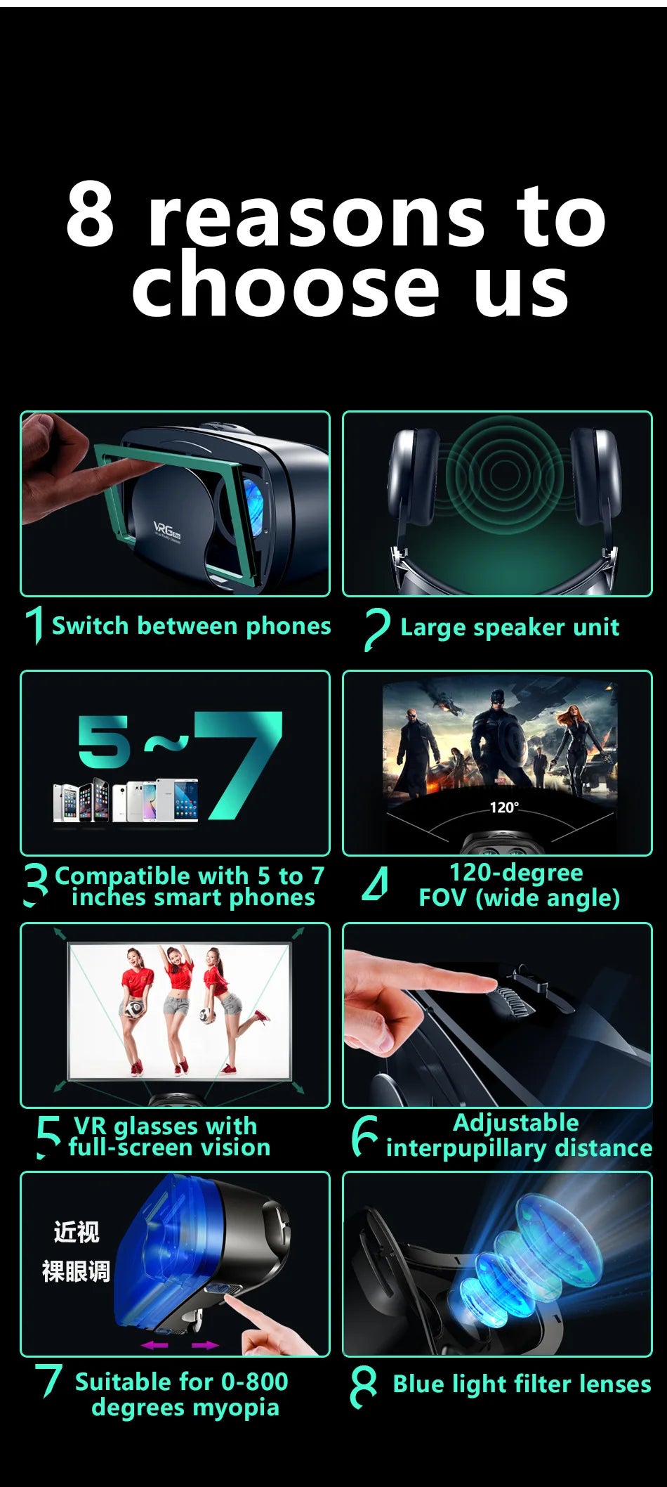 VRG Pro 3D VR Headset with Adjustable Lenses – Immersive Smart Glasses for 3.5–7” Smartphone