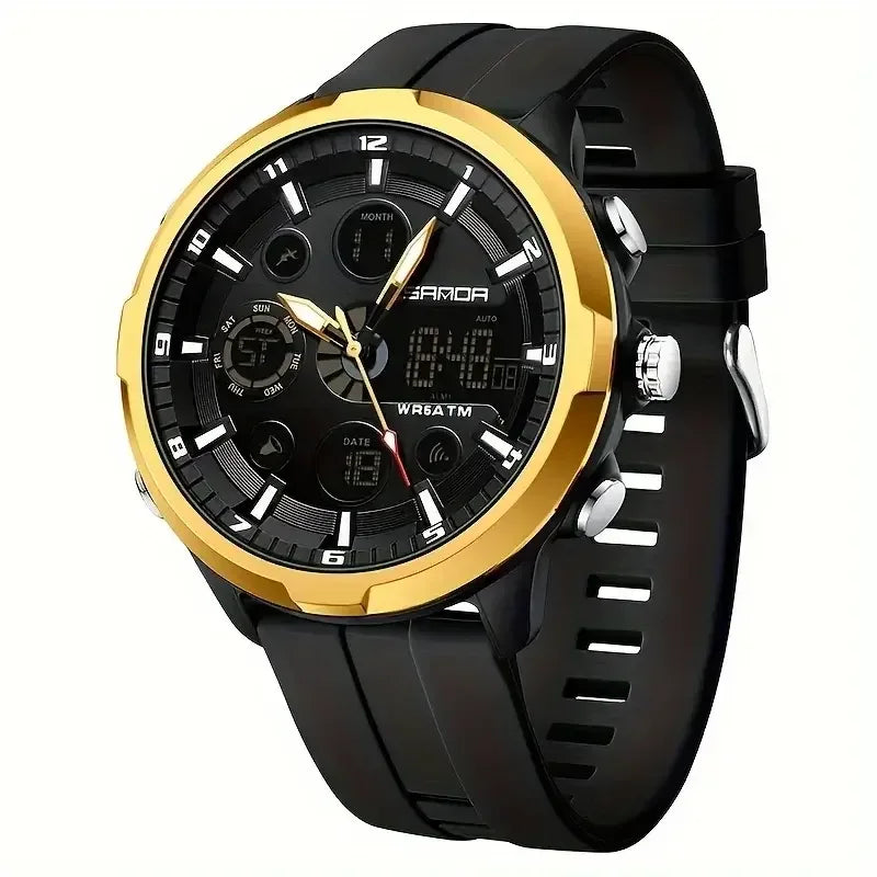Electronic Round Watch Luminous Dual Display Timing Week Date Alarm Clock Stopwatch Multi Function Watch black golden / United States