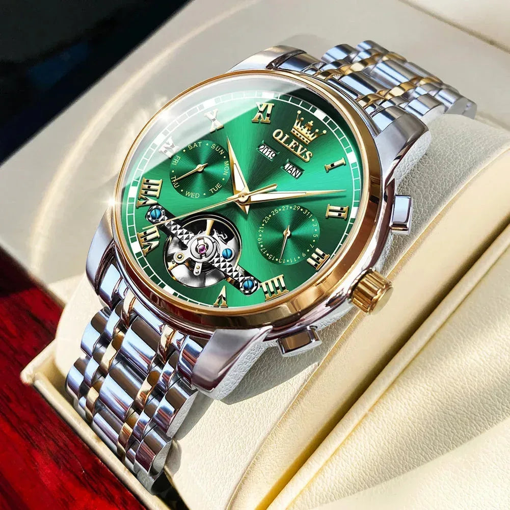 OLEVS Men's Watches Automatic Mechanical Business Wristwatch Silver green face