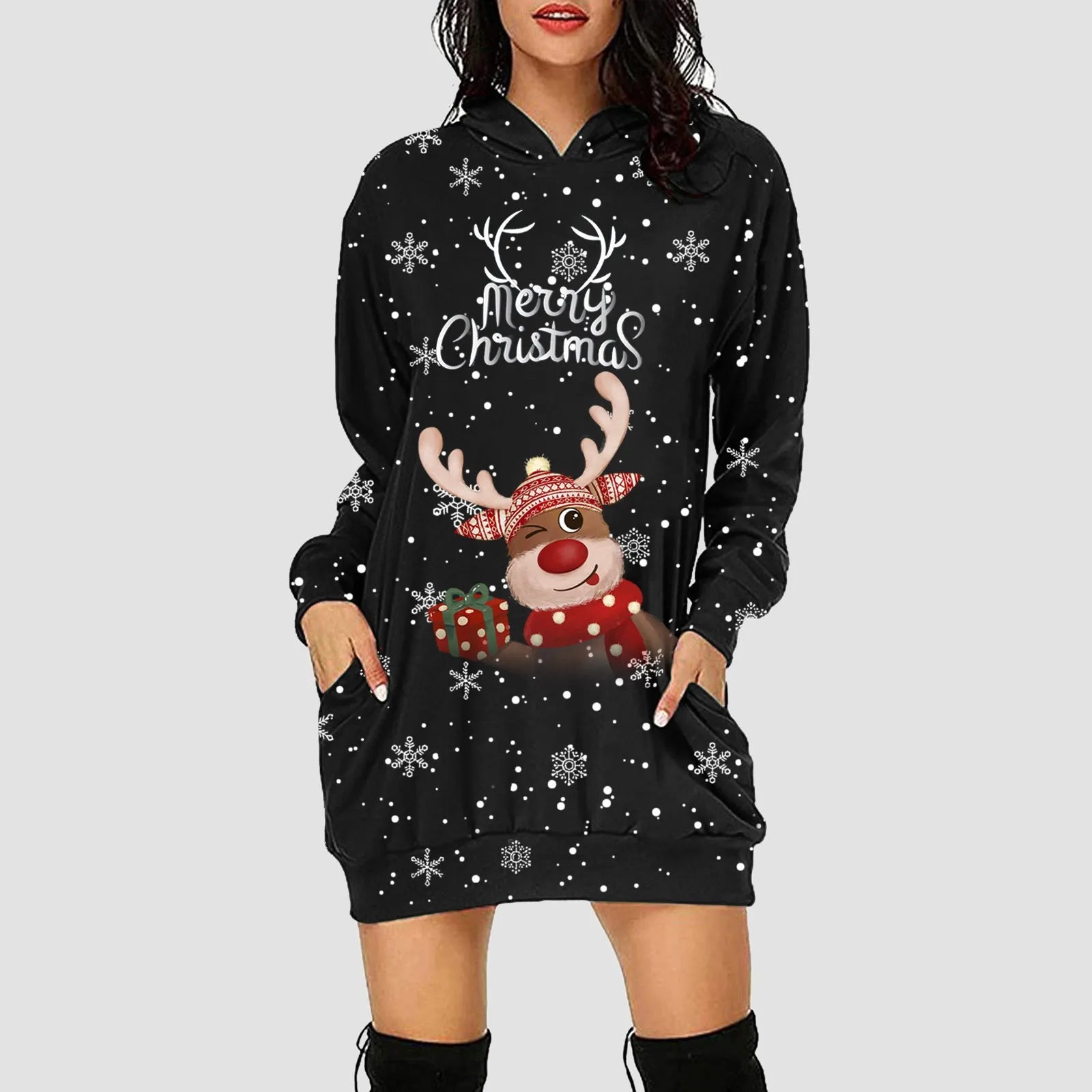 Women & Girls Christmas Sweatshirt Dress – Snowflakes & Reindeer Print, Long Sleeve