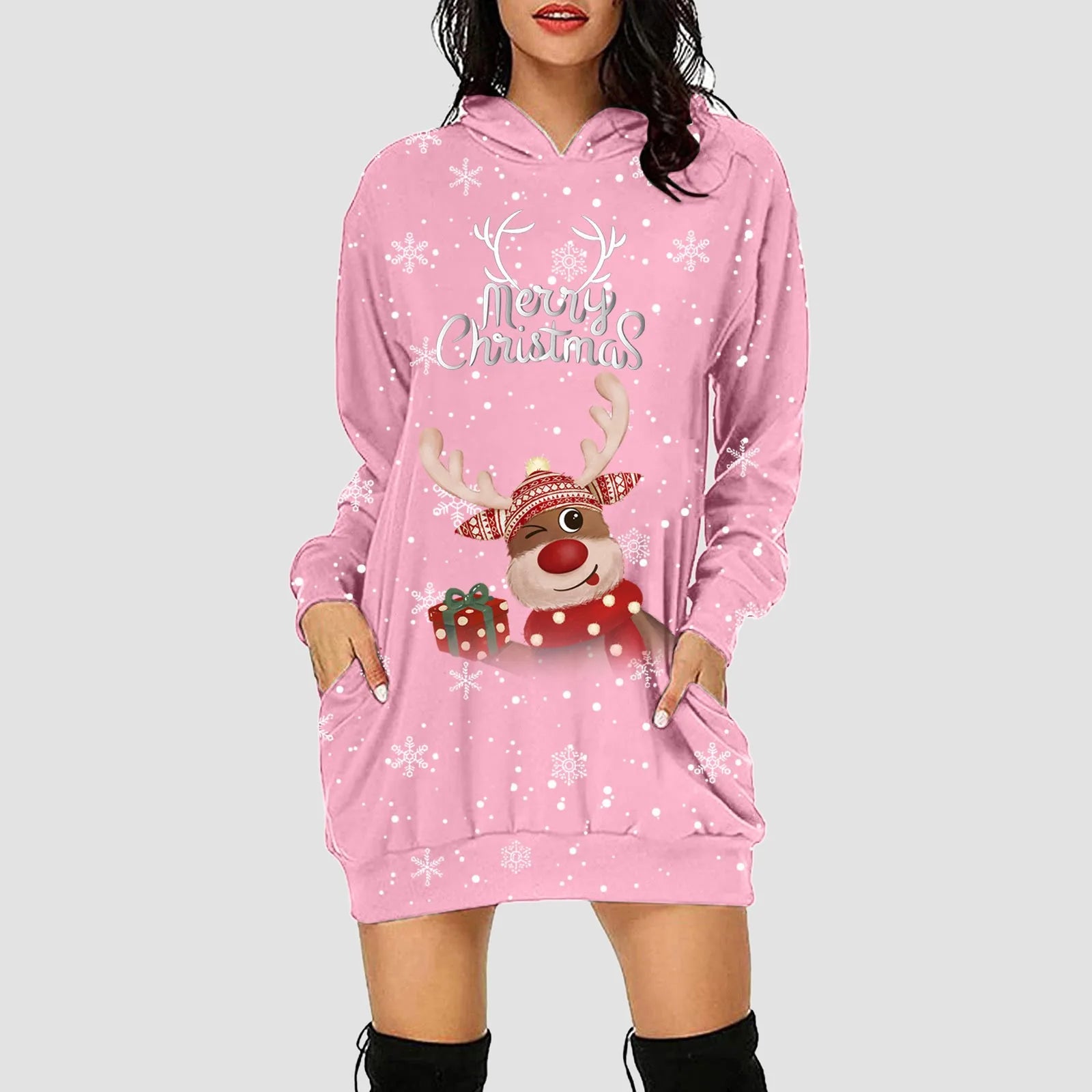 Women & Girls Christmas Sweatshirt Dress – Snowflakes & Reindeer Print, Long Sleeve