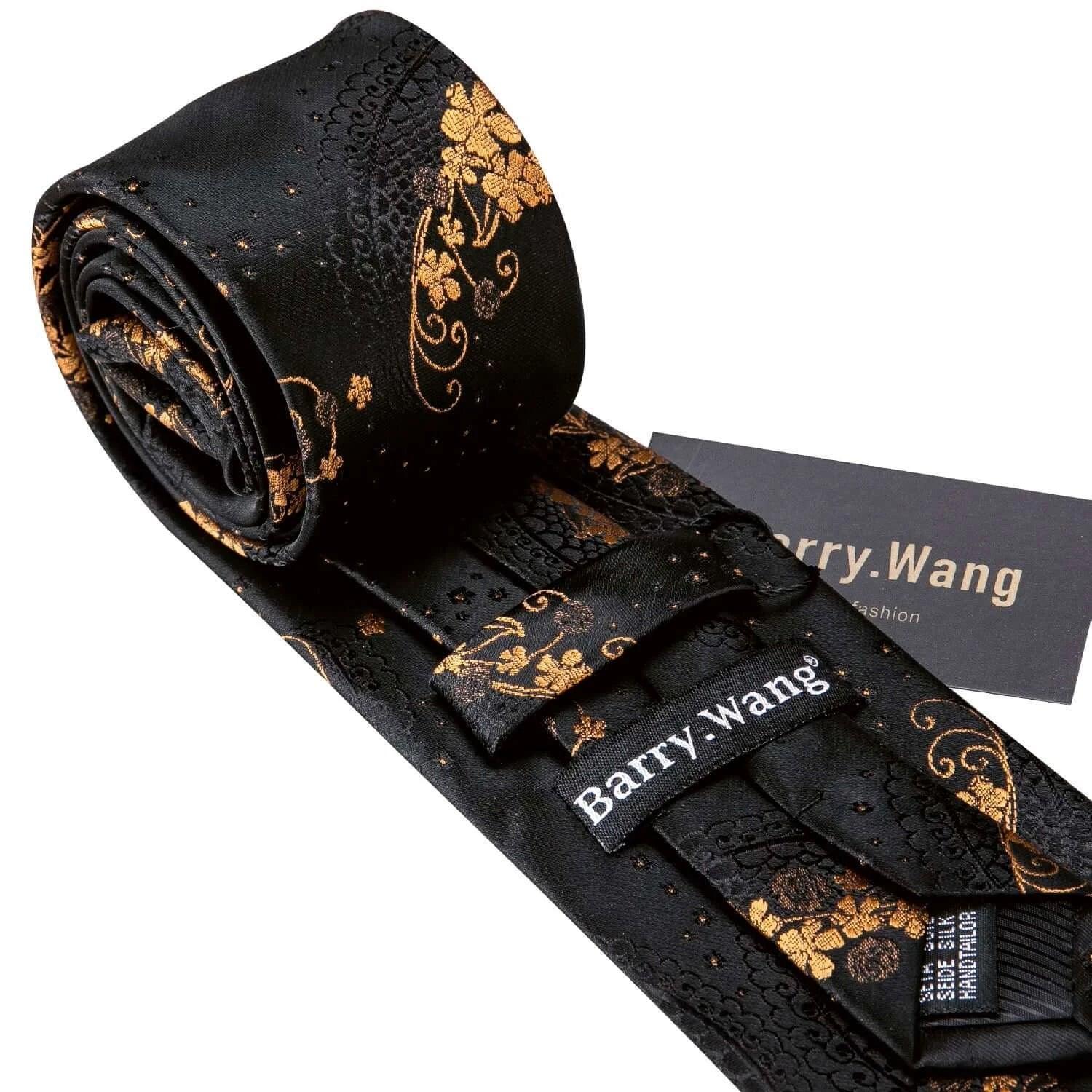 Black & Gold Floral Jacquard Men’s Tie Set – Necktie, Pocket Square & Cufflinks United States