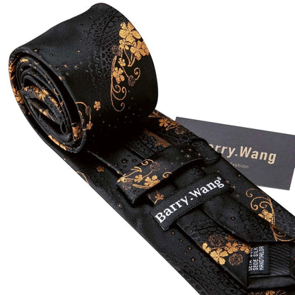 Black & Gold Floral Jacquard Men’s Tie Set – Necktie, Pocket Square & Cufflinks United States
