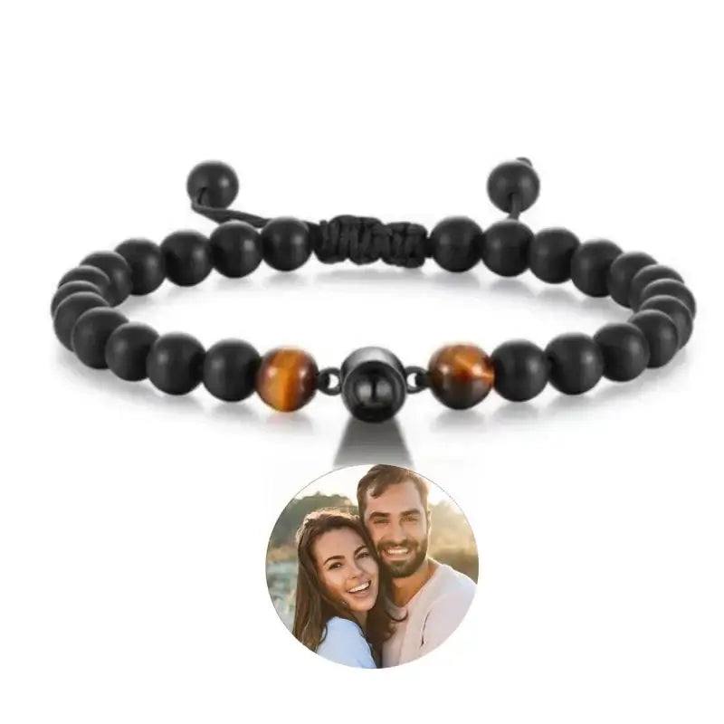 Shopminx Custom Projection Photo Bracelet 6mm Natural Stone Circle Pendant Round 2 / Black Beads / United States