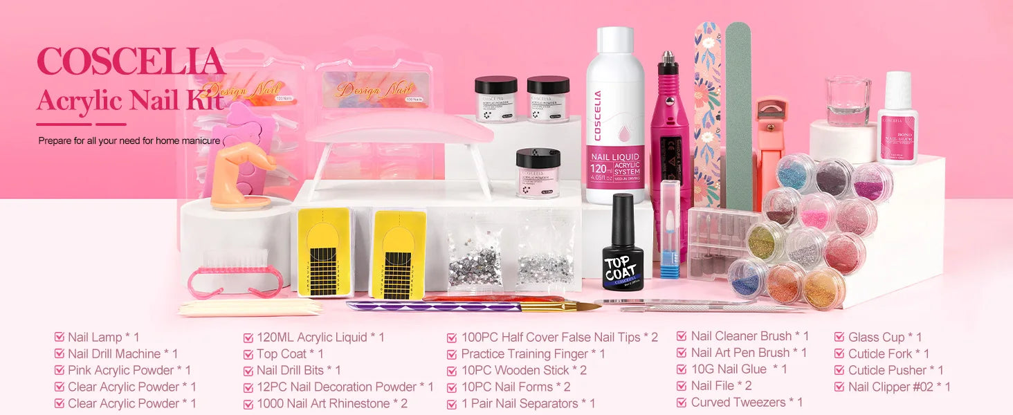 Acrylic Nail Kit with 36W UV LED Nail Lamp Base Top Coat Suitable for Nail Extension and Decoration Nail Tools