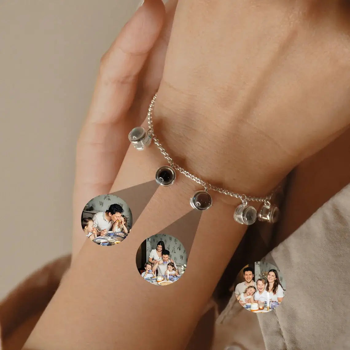 Shopminx Custom Multi-Photo Projection Bracelet Personalized Gift for Women 6 Photo / Rose Beads / 16CM