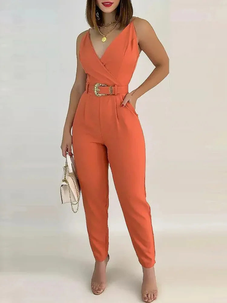 V-Neck Pocket Detail Cami Jumpsuit with Belt