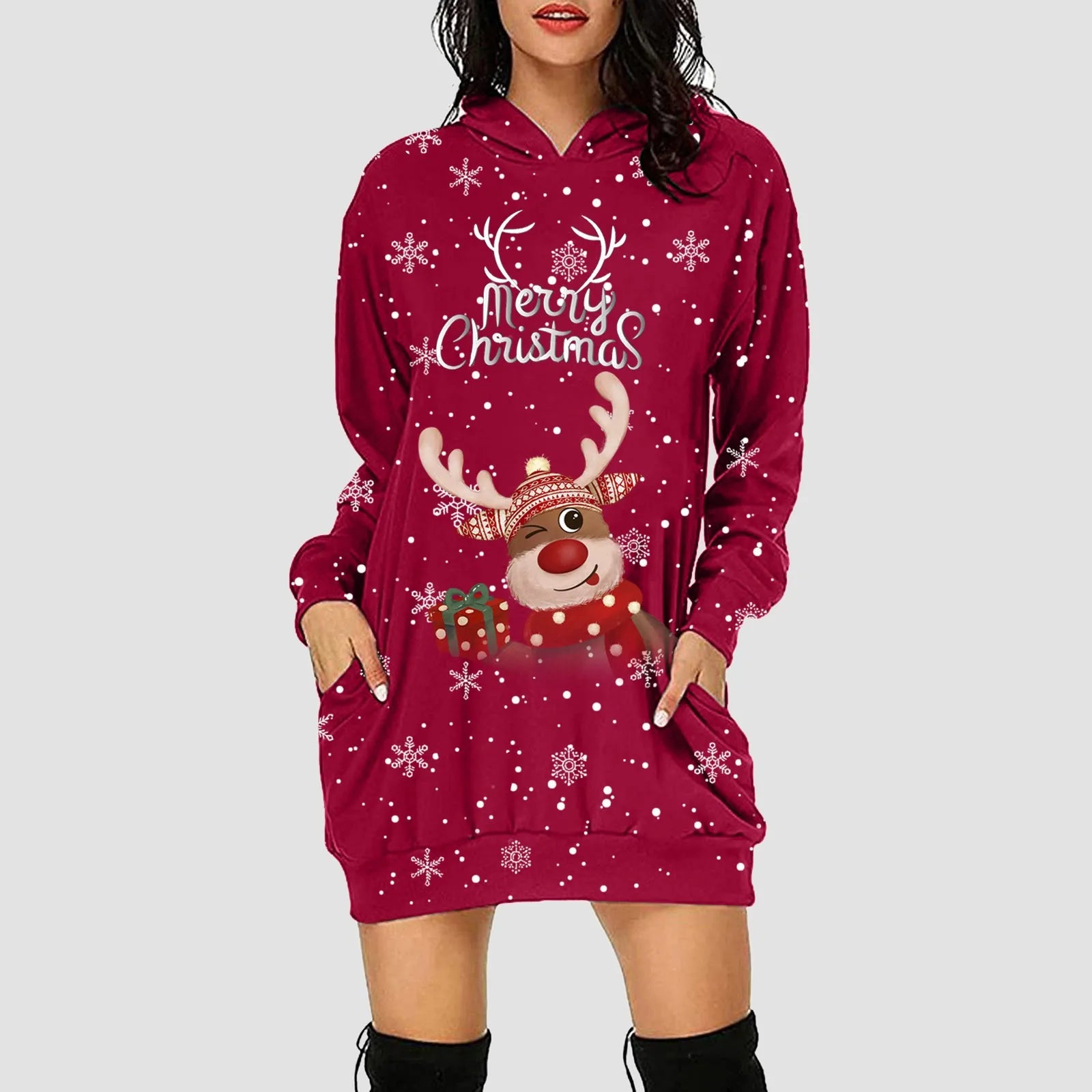 Women & Girls Christmas Sweatshirt Dress – Snowflakes & Reindeer Print, Long Sleeve