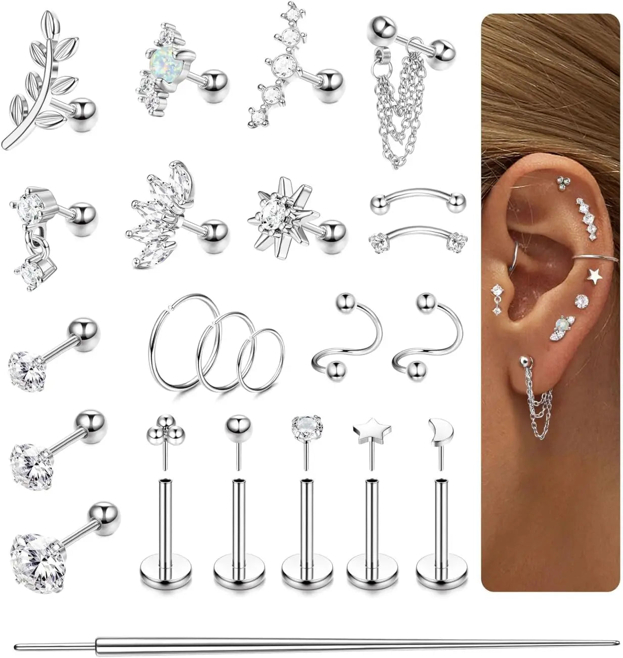 22-Piece 16G Cartilage Earrings Set for Women – Surgical Stainless Steel Helix & Nose Piercing Jewelry