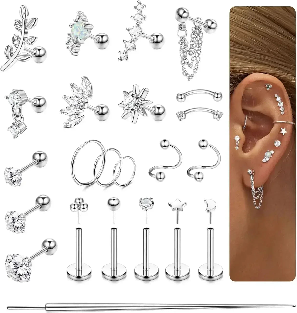 22-Piece 16G Cartilage Earring Set for Women–Surgical Stainless Steel United States / Silver