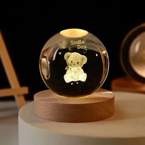 3D Laser Engraved Crystal Ball with base / Cartoon Bear
