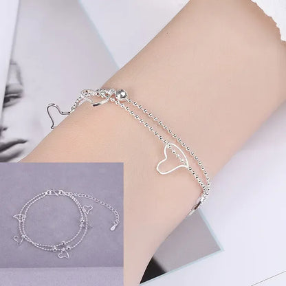 Sterling Silver Double Love Heart Hollow Round Beads Bracelet 9097