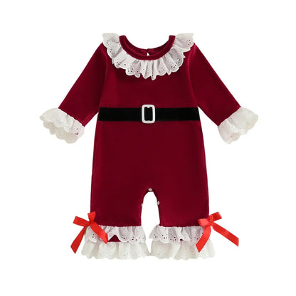 Baby Girls Christmas Velvet Romper – Long Sleeve Santa Jumpsuit